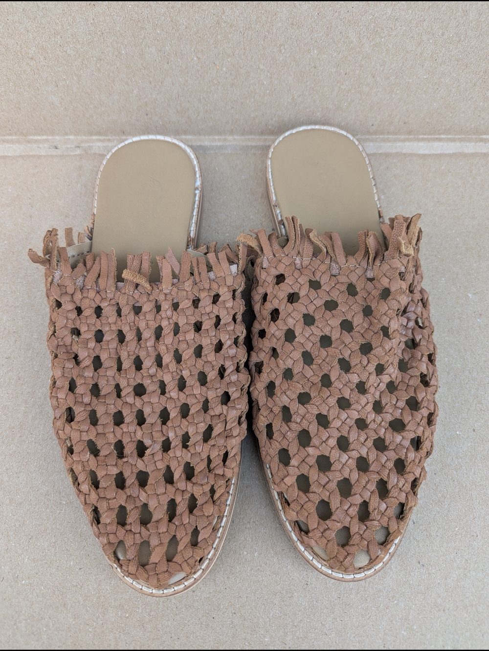 Free People Mirage Woven Leather Fringe Slip On Mule Sandal Flats Tan NWT Boho - Picture 2 of 10